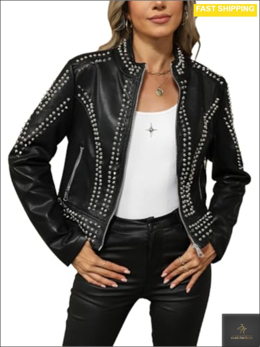 Women's Faux Leather Moto Studded Rivet Casual Jacket Biker